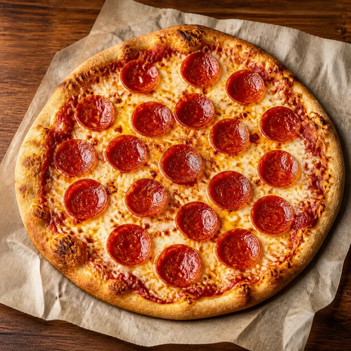 Pizza de pepperoni con mozzarella derretida sobre papel para hornear
