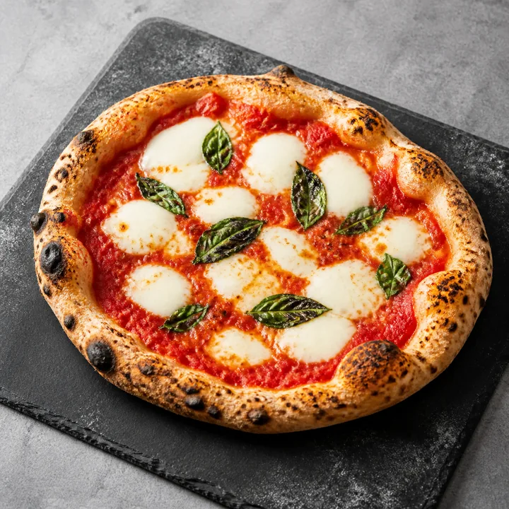 Pizza margarita con mozzarella fresca y albahaca