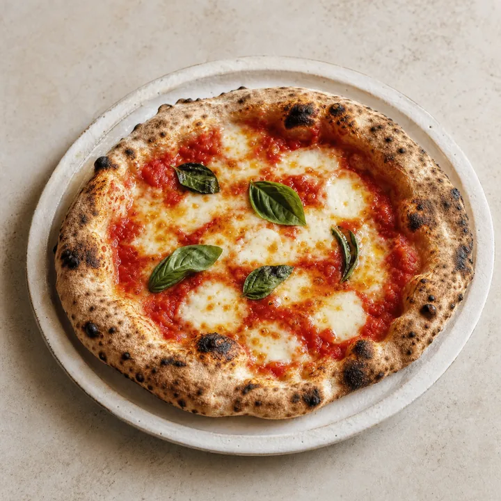 Pizza napolitana con tomate, mozzarella, albahaca y borde tostado