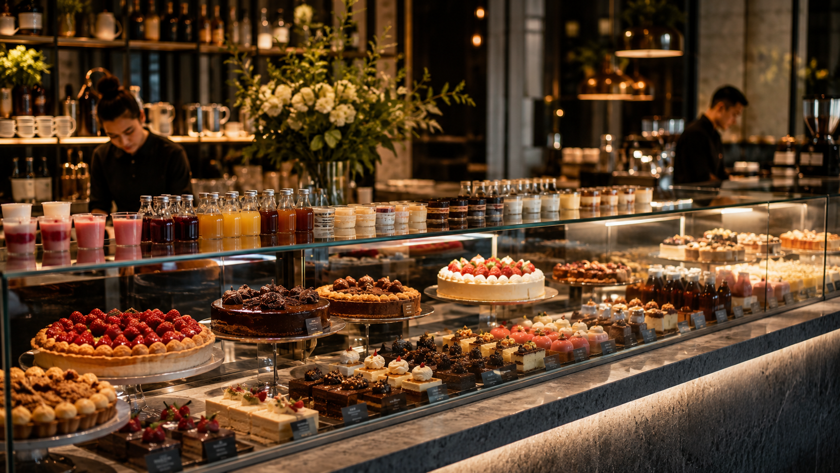 Exhibición de postres y bebidas en una pastelería moderna