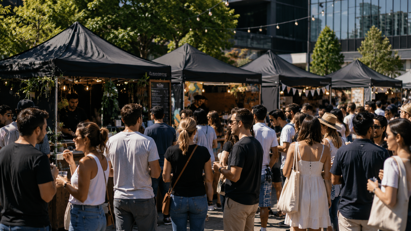 Mercado temporal al aire libre con varios vendedores y clientes